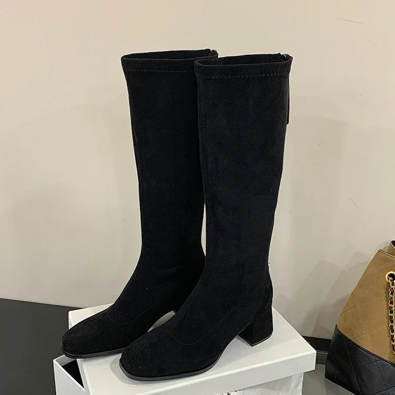 

Aneikeh Winter Fashion Square Heel Shoe Zipper Female Long Booties Street Style Round Toe Knee-High Women Boots Zapatos De Mujer