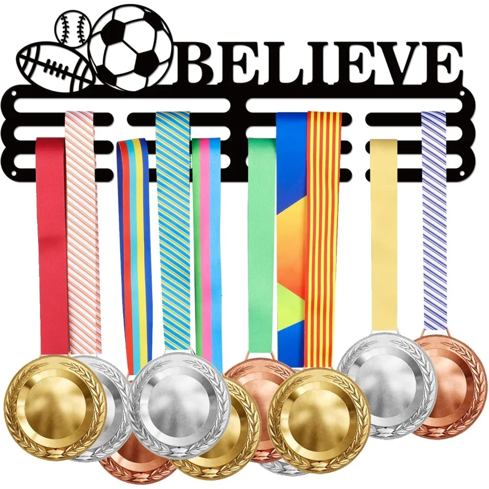 

Football Medal Hanger Baseball Rugby Football Metal Holder with 8 Line Sturdy Steel Award Display Holder for Over 60 Medals Wall