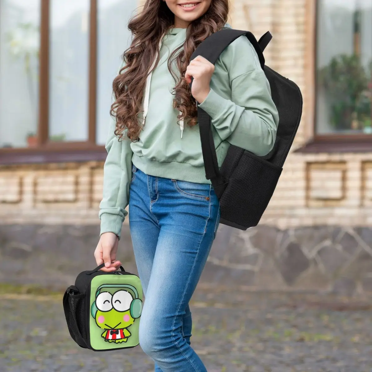 Keroppi كبير العينين الضفدع الكرتون على ظهره بنين بنات BookBag حقيبة مدرسية كمبيوتر محمول حقائب كتف 3ps معزول حقيبة الغداء مقلمة