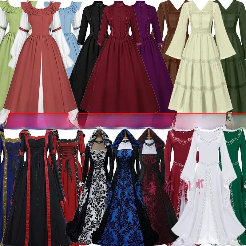 

Новое европейское винтажное длинное платье большого размера в средневековом стиле для Хэллоуина, платье королевы для косплея, этнический костюм из полиэстера
