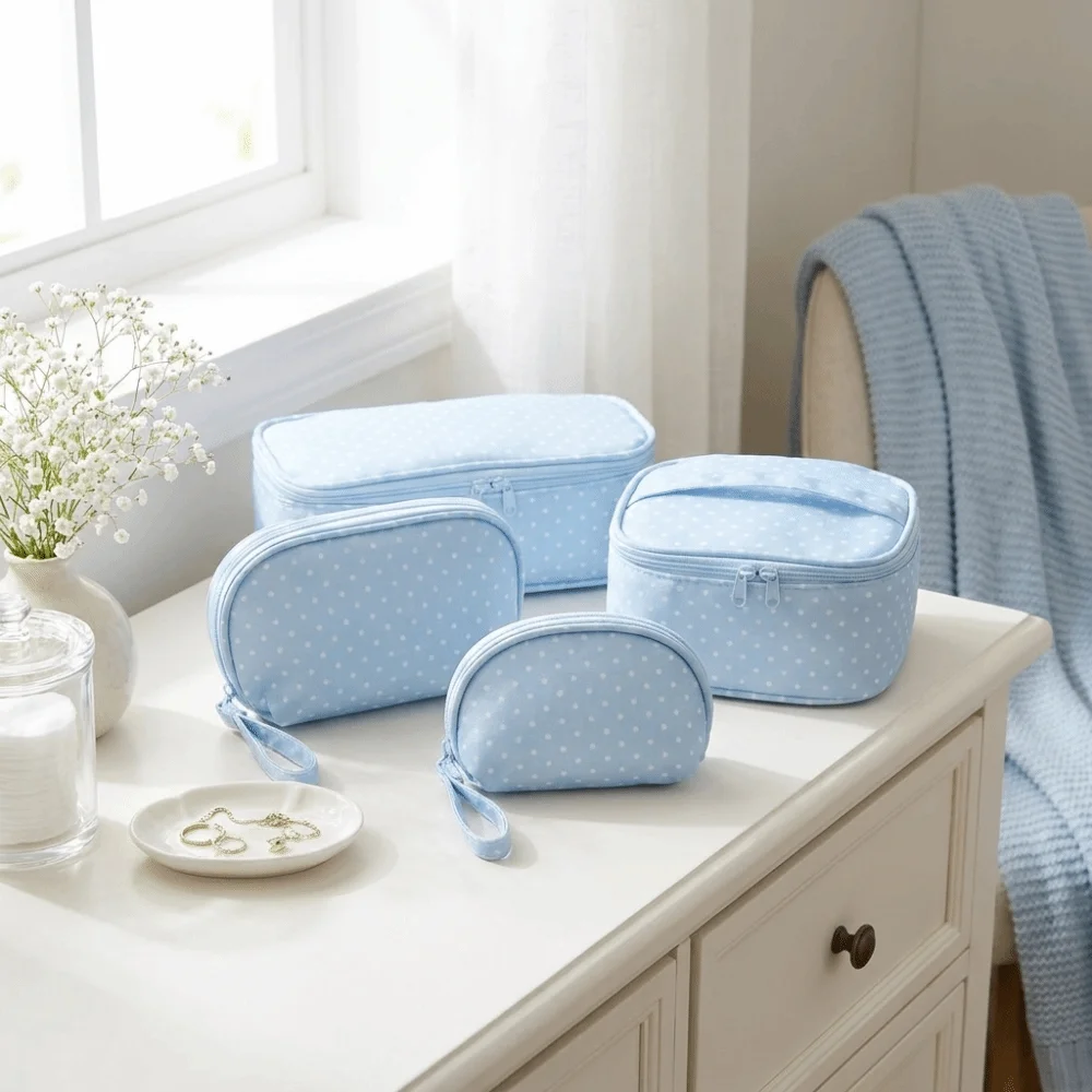 Cute Polyester Polka Dot Makeup Bag Light Blue Multi Size Travel Toiletry Storage Bag Checkered Zipper Cosmetic Pouch Portable