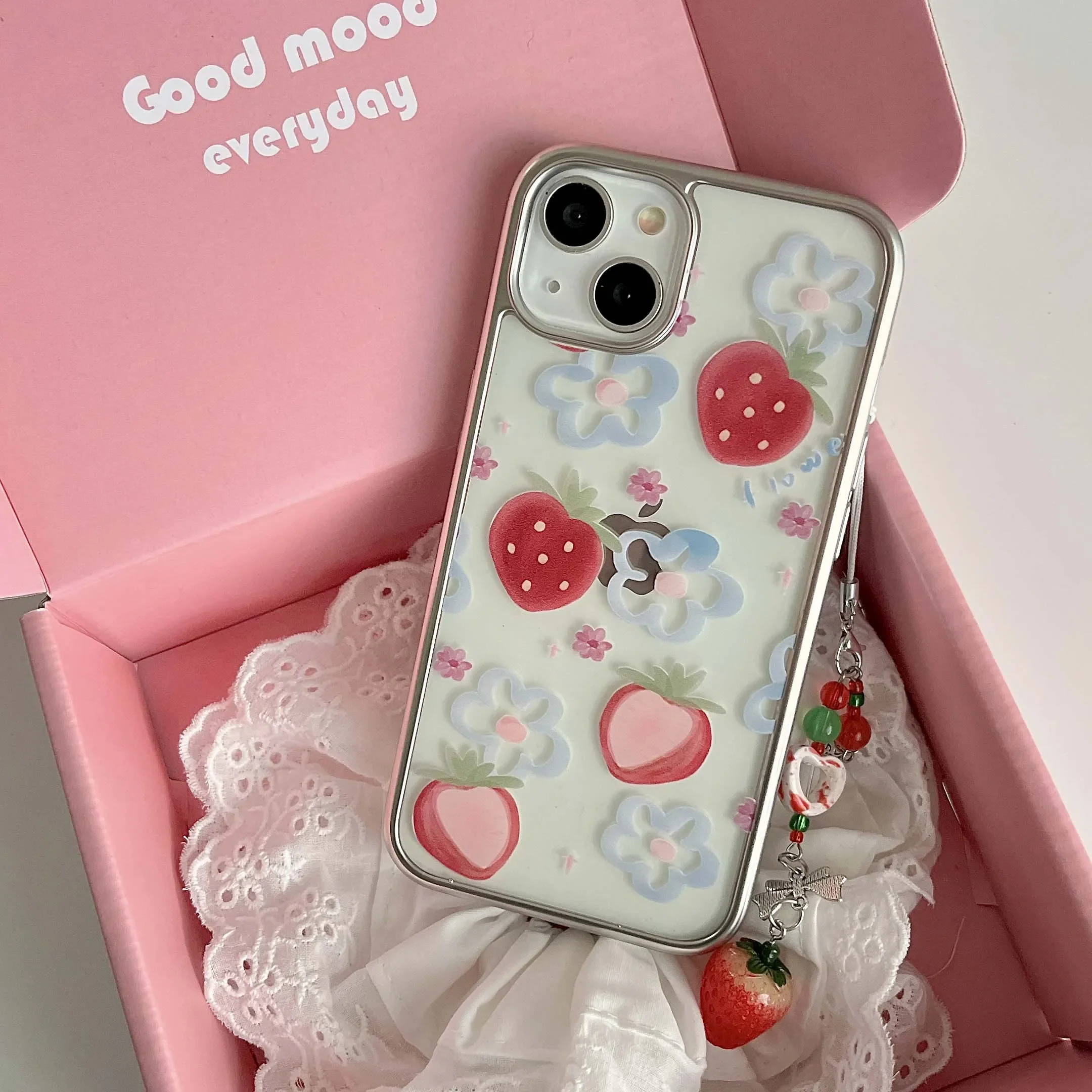 Ins Stylish Silvery Plating Strawberry Flower Phone Case For iPhone 16 15 14 13 12 11 Pro XS Max 7 8 Plus Y2K Creative Cover