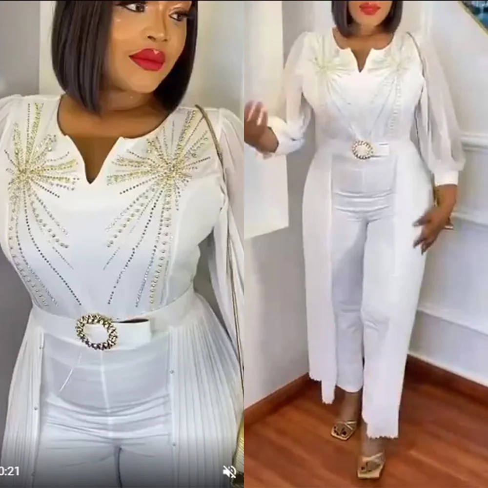 MD Plus Size Jumpsuit Dubai African Women Wedding Party Long Sleeve Velvet Rompers Chiffon Pants Set Dubai Turkey Clothing Wear