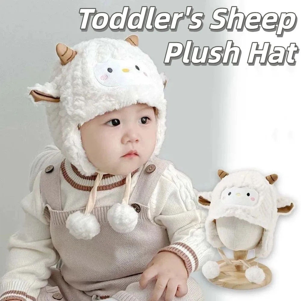 

Kawaii Toddler's Sheep Plush Hat Soft Thickened Baby Warm Caps Breathable Windproof Cartoon Beanie Caps Head Decor