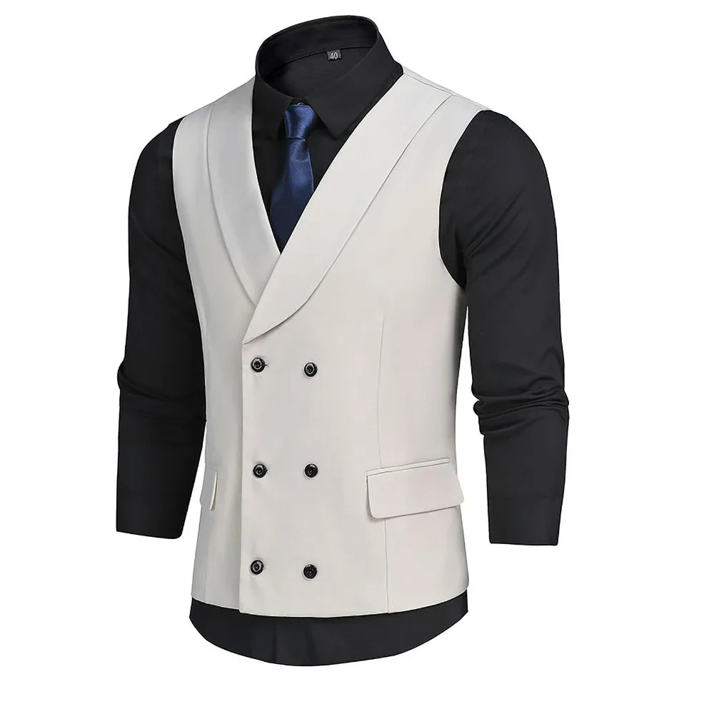 

White Elegant Male Vest Slim Smart Casual Wedding Sleeveless Top Fashion Shawl Lapel Double Breasted Solid Color Waistcoat