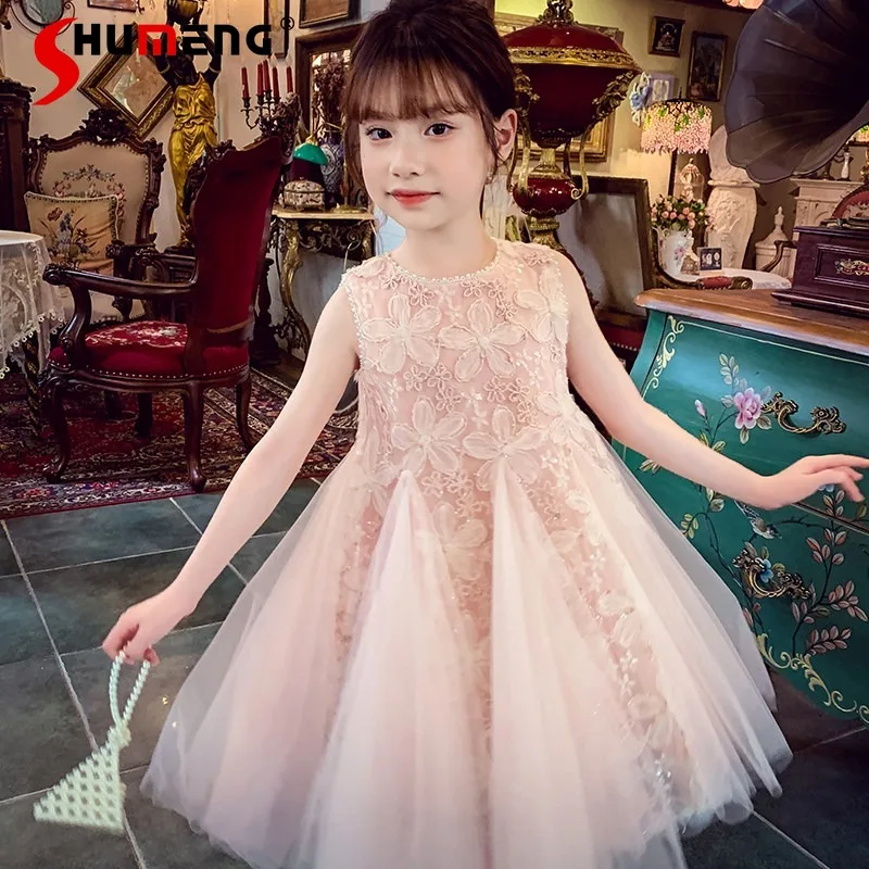 

Лето 2026: Новинка! Модное детское платье-жилет без рукавов для повседневной носки, короткое платье для маленьких девочек, сетчатое, в стиле принцессы, милое.