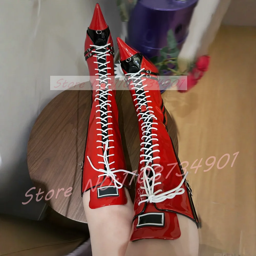 

Red Splicing Multi Buckle Knee High Boots Women White Lace-Up Pointed Toe High Heels Lady Retro Stylish Nightclub Stiletto Boots