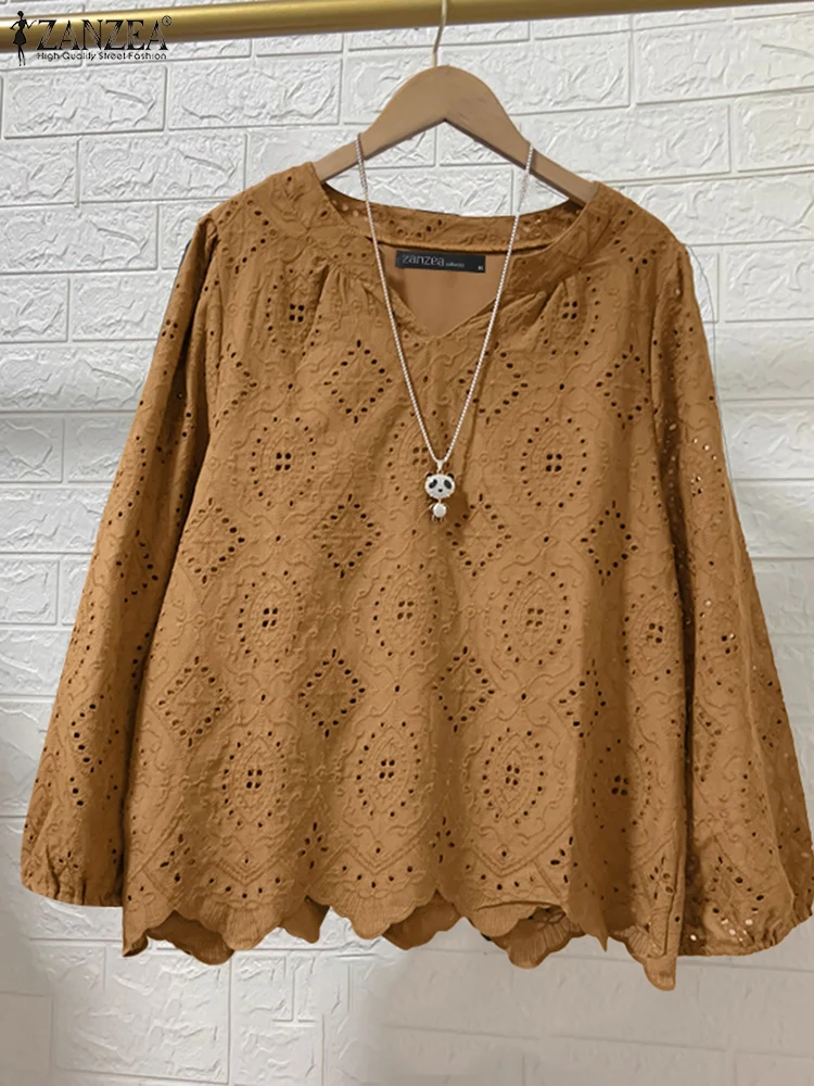 ZANZEA Women Hollow Crochet Tops Fashion 3/4 Sleeve Blouse 2025 Spring Irregular Hem Shirts Casual Loose Solid Color Tunics