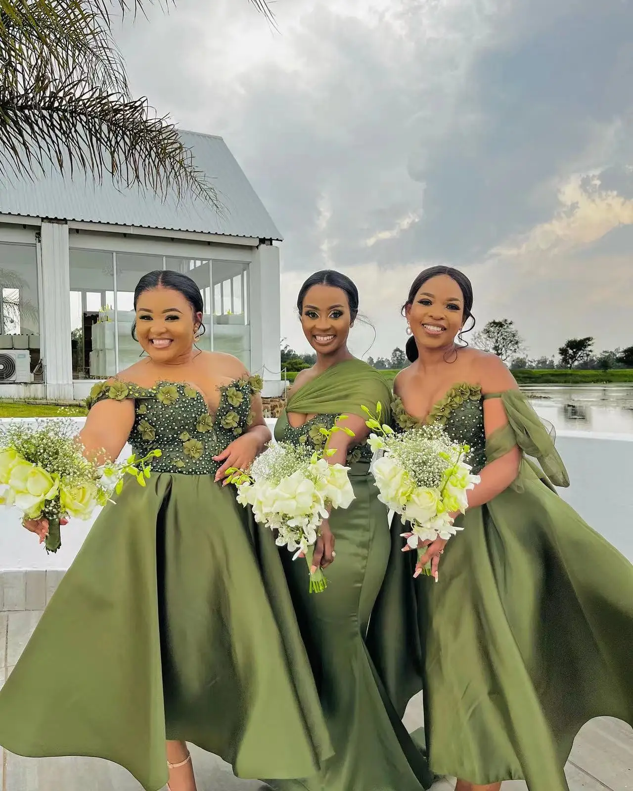 Customized Olive Green Bridesmaid Dresses Pearls Hand Made Flowers A Line Wedding Guest Party Dresses