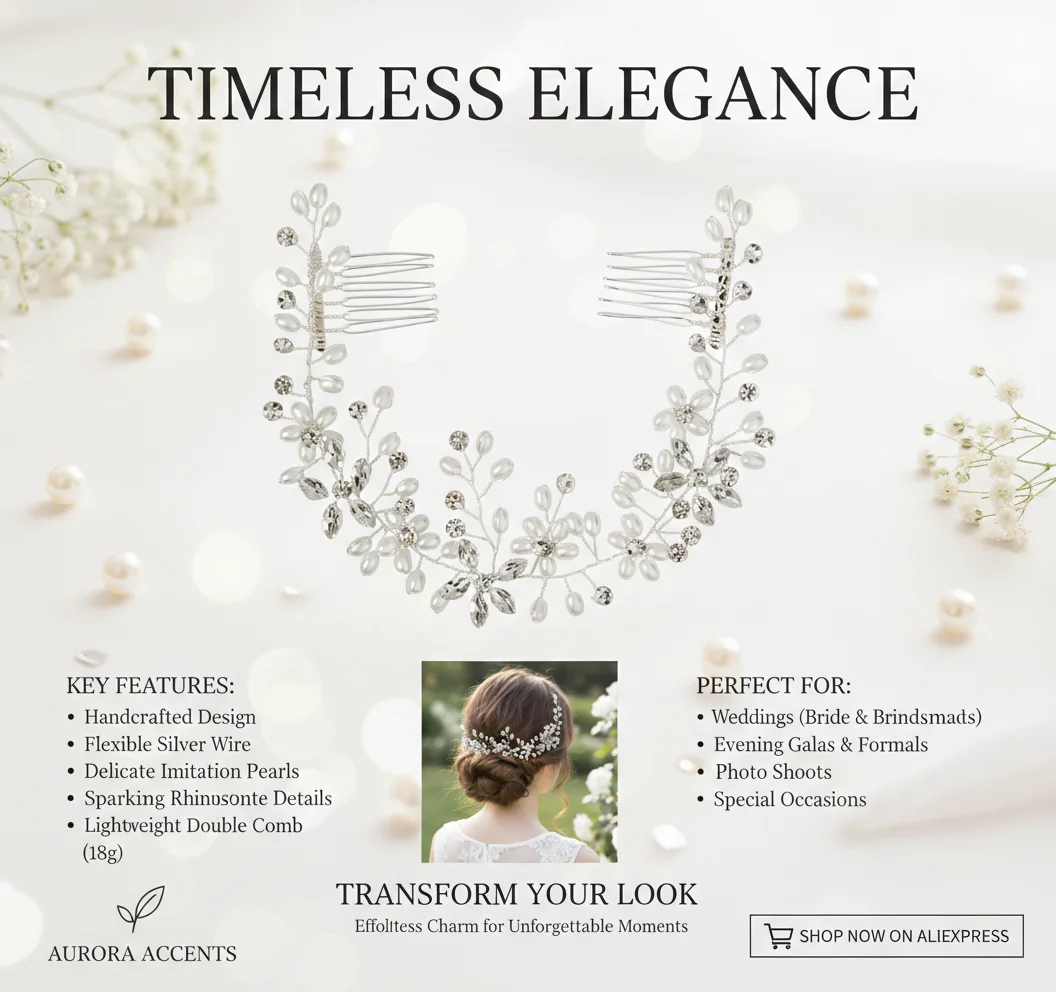 Eleganter Silberner Blumen-Haarkranz mit Perlen und Strass für Hochzeiten, Flexibles Braut-Haarband für Hochzeitsfrisuren, Abschlussball und Partys, Braut-Haaraccessoires für Damen – Detail 2