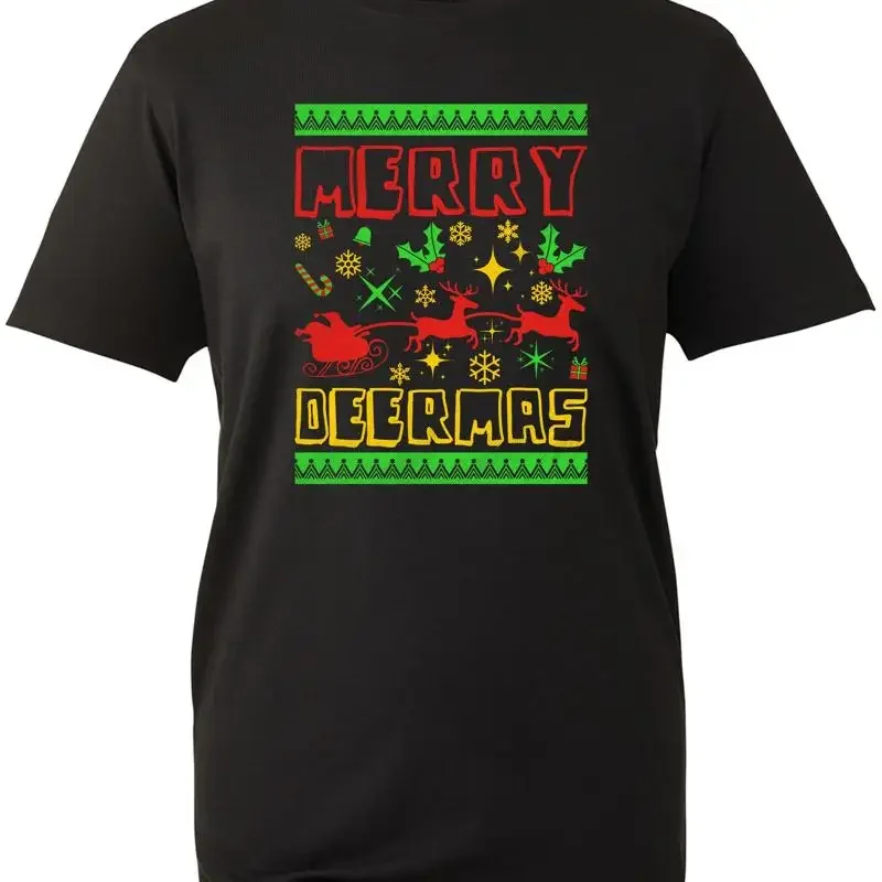 Merry Deermas T Shirt Christmas Deer Lovers Santa Reindeer Snowflakes Xmas