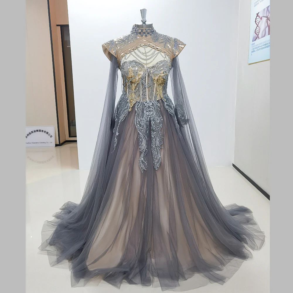 Real Image Bespoke Evening Dress Appliques Sequined Long Sleeve Chapel Train Special Occasion Women Cosplay Formal Prom Gown