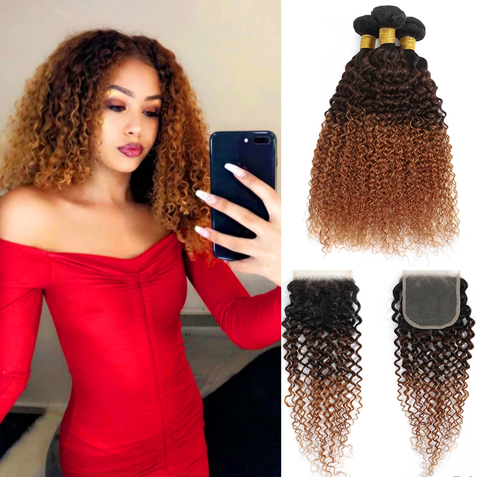 

100% Ombre Virgin Hair With Lace Closure 2/3 Tones Brown Kinky Curly Bundles With 4x4 HD Closure Deep Kinky Curly With Closure