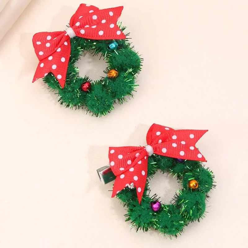 Oaoleer 2Pcs Christmas Wreath Hair Clips For Baby Girls Mini Handmade Bowknote Wreaths Hairpin Barrettes Kids Hair Accessories