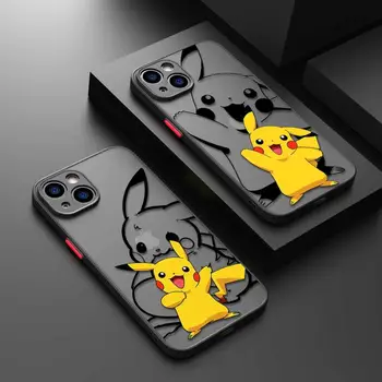 Karikatür Pikachu telefon kılıfı için iPhone 15 14 11 Pro Max 13 12 Mini XR X SE 7 8 6 6S artı sert mat kabuk koruyucu kapak Fundas