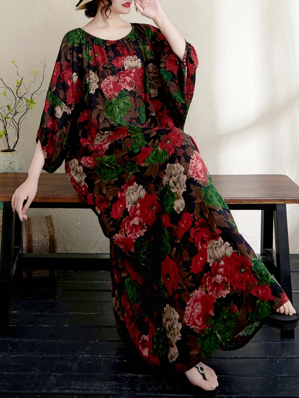 

Loose Cotton Linen Batwing Sve Print Dr Lantern Sve Long Dr Summer Vaion Sle A-Line Skirt round Ne Long Dr