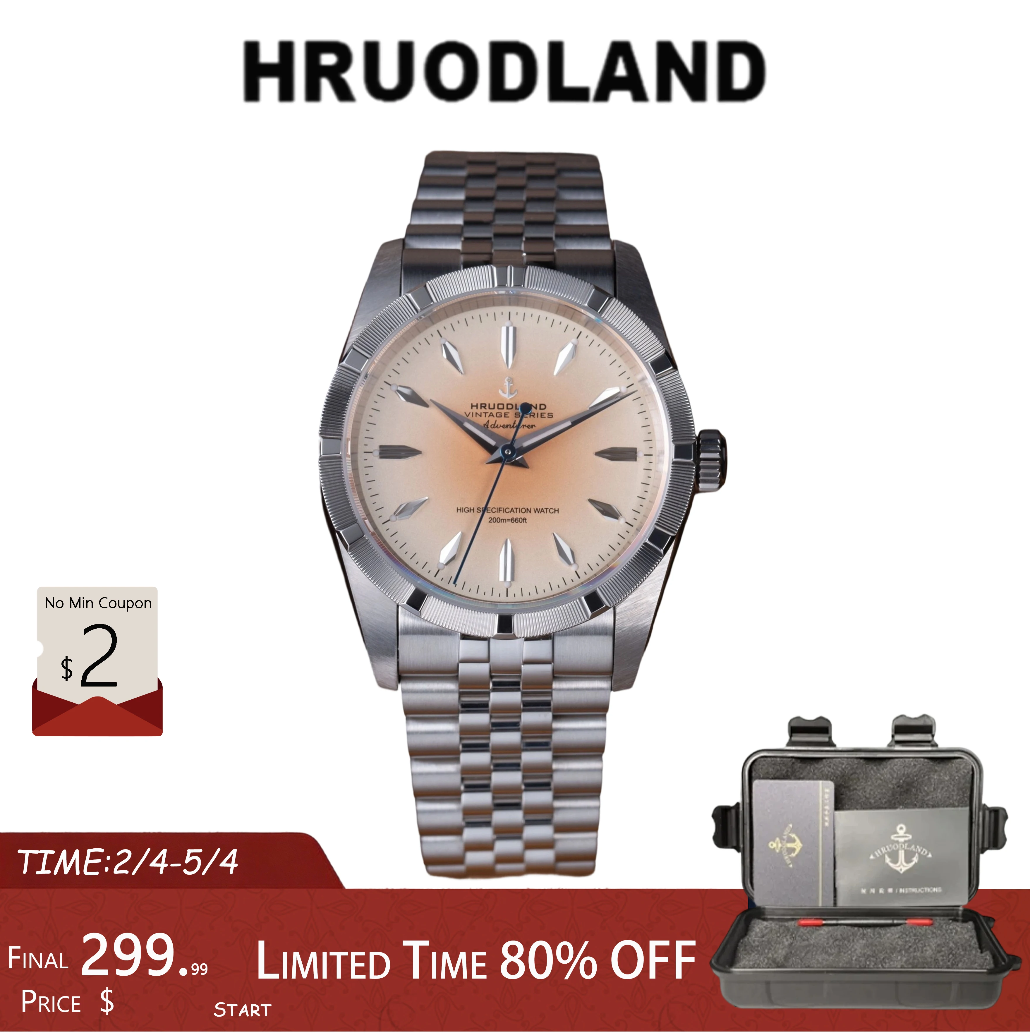 Hruodland 2026 New Mens Mechanical Watch Sapphire Crystal 200M Water Resistance PT5000 SW200 Movement Luminous Stainless Steel
