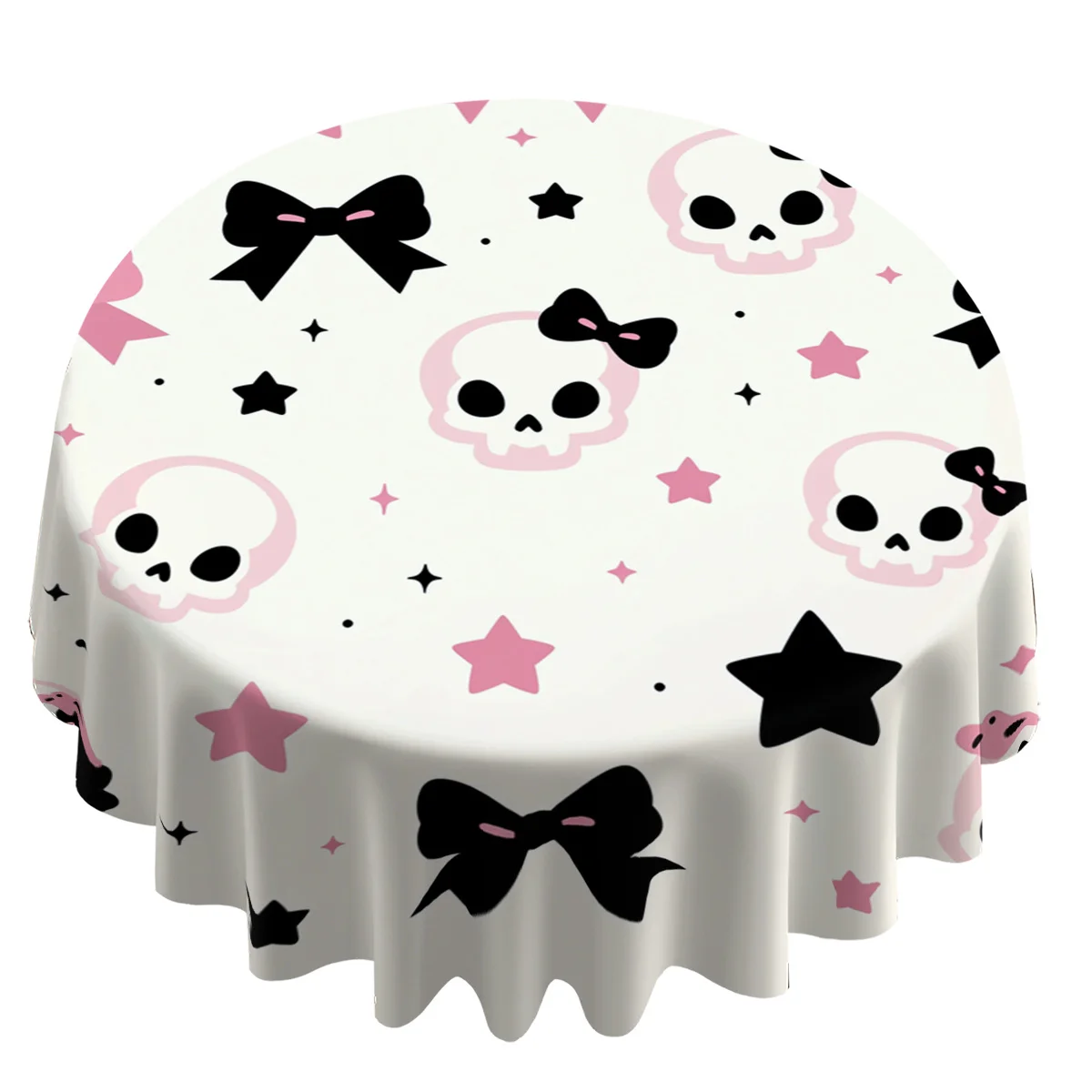 1pc Round Tablecloth, 2D Pattern Printed Round Tablecloth with Skull, Bow, Star Elements, Diameter 60Inch/152.4Cm Round