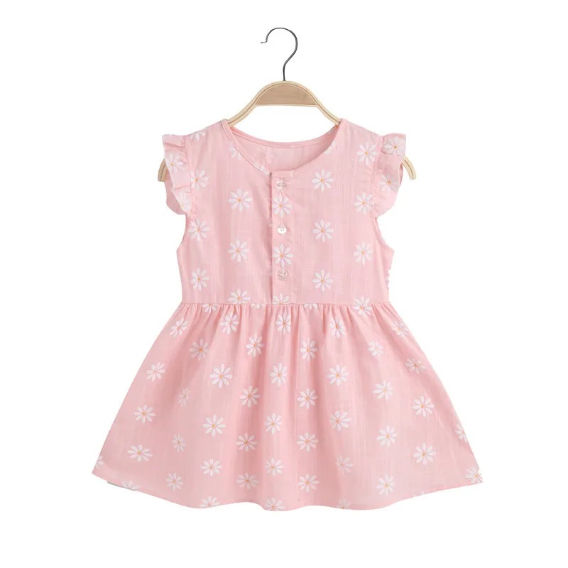 Summer Korean style fashionable cute girls\' dress children\'s cotton and linen floral vest dress baby ruffled sleeveless dress