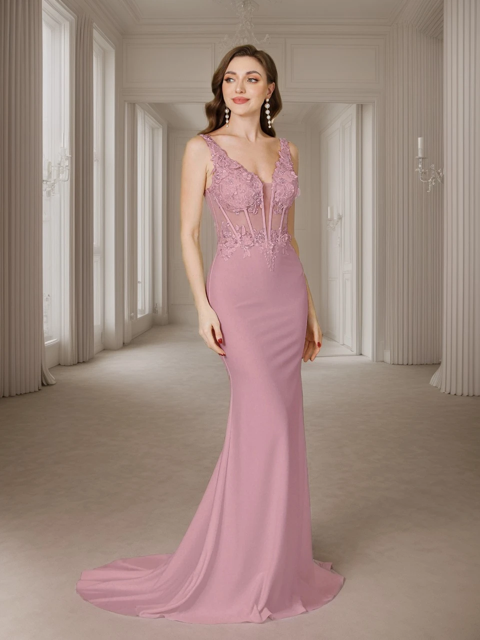 ชุดเดรสยาวสีชมพูบีน แต่งลูกไม้ แอพพลิเค คอวี โชว์หลัง ชุดแต่งงาน ผ้าชีฟองบางเบา ทรงปลายหางปลา สำหรับงานเลี้ยงหรืองานพิธีการ