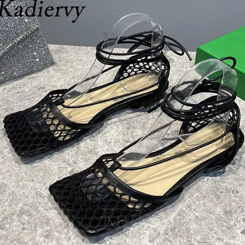 Scarpe basse con punta quadrata donna Mesh Hollow Outs mocassini donna sandali estivi scarpe da passeggio scarpe da pista stringate alla caviglia