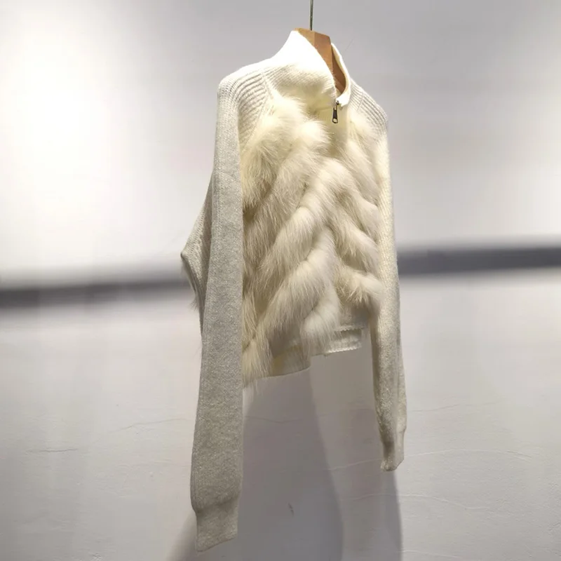 Jerséis femeninos con cremallera, Jersey corto de punto con piel de zorro auténtica, jersey de manga larga con recorte de piel auténtica