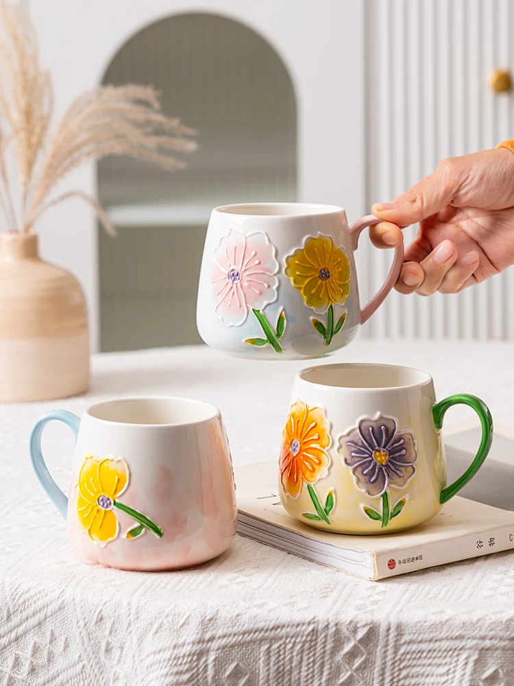 400/420ml High Appearance Ceramic Relief Mug Large Capacity Flower Pattern Breakfast Milk Cup Creative Handdrawn Cartoon Mug