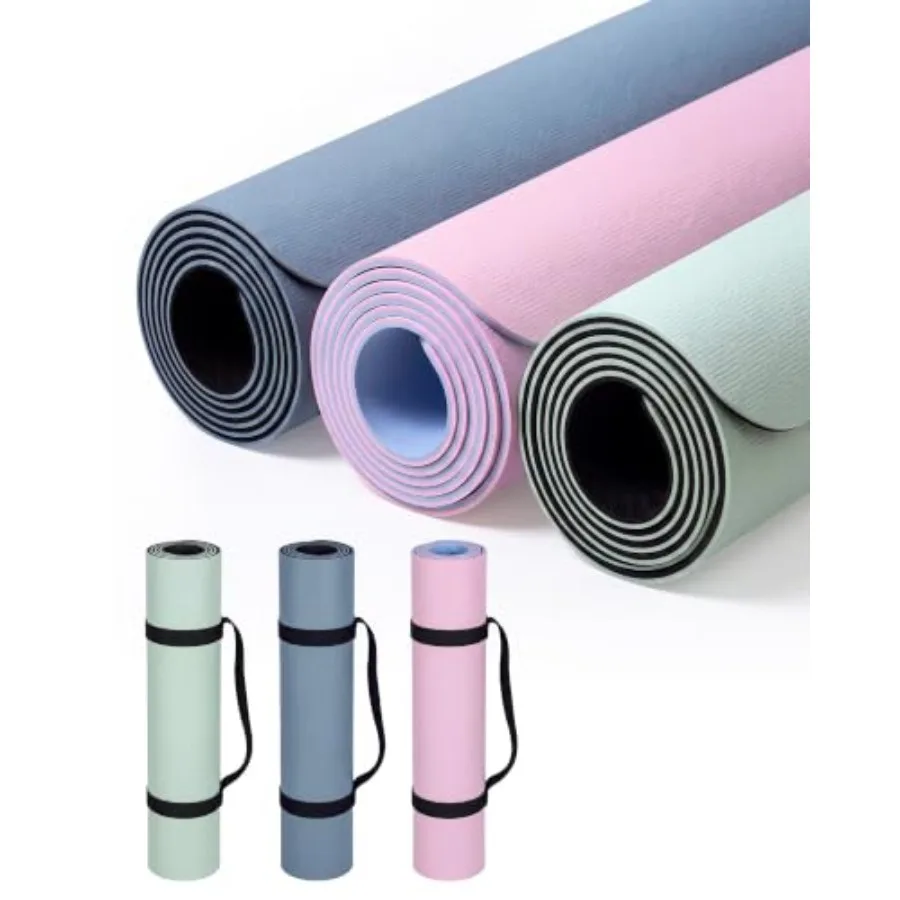 Yoga Pilates: TPE, Black, Non-slip 1/4-inch thick double-sided 72x26.8 mat with carrying strap, odorless cushioned for home gym