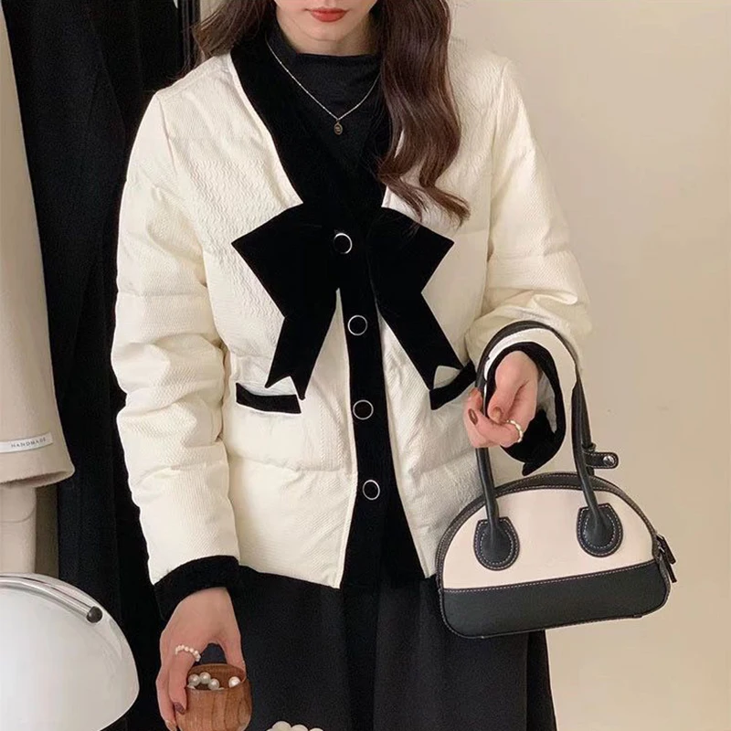 2024 Small Fragrant Winter Jacket Chic Bow V Neck Parka Ultra Light Warm Casual Coat Cotton Padded Parka Fashion Loose Outwear