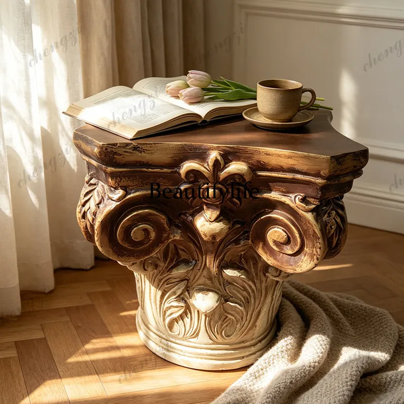French retro old Roman column solid wood living room sofa coffee table balcony outdoor art edge table