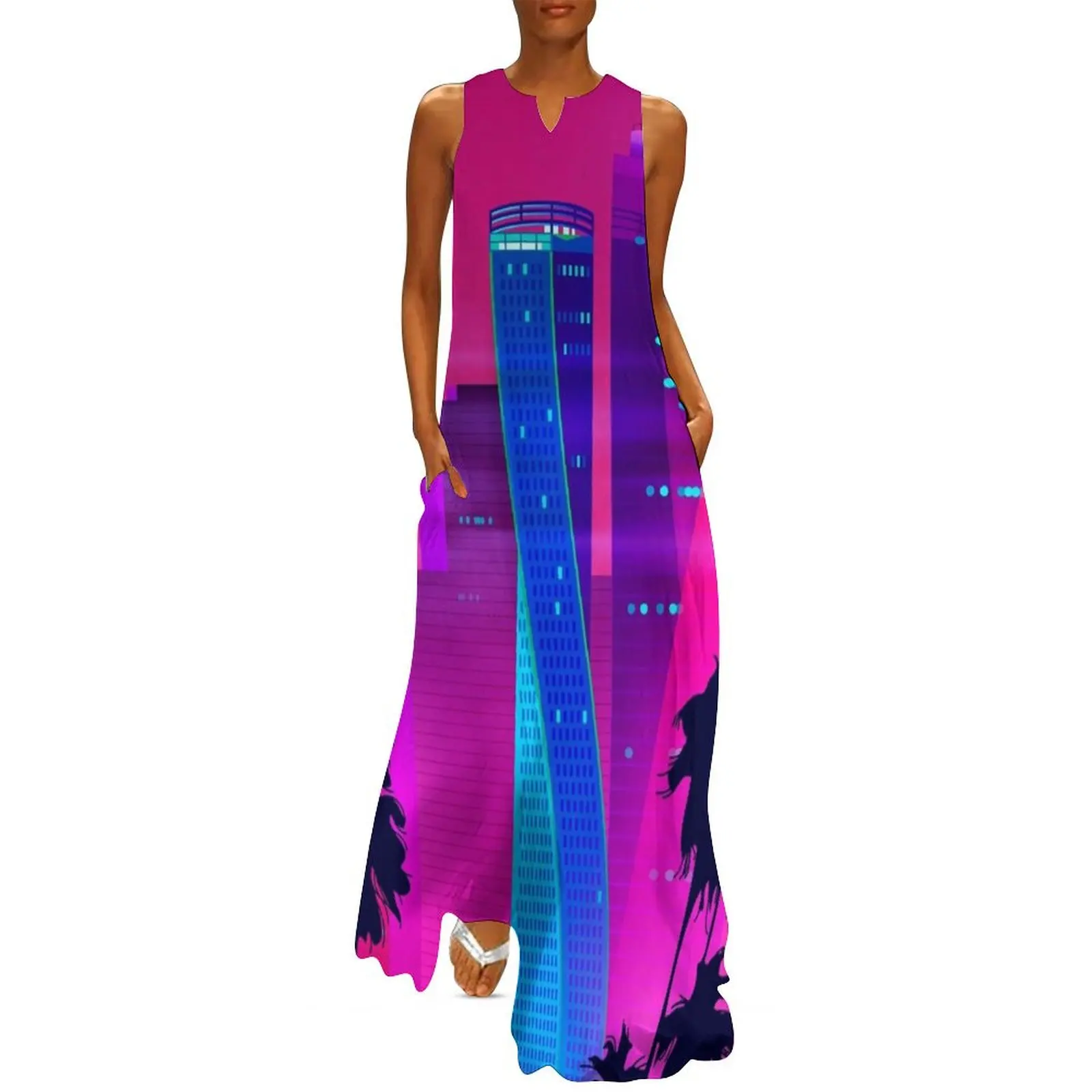 

Synthwave Neon City: Miami Vice Long Dress summer women's dress 2025 women long dresses Dress