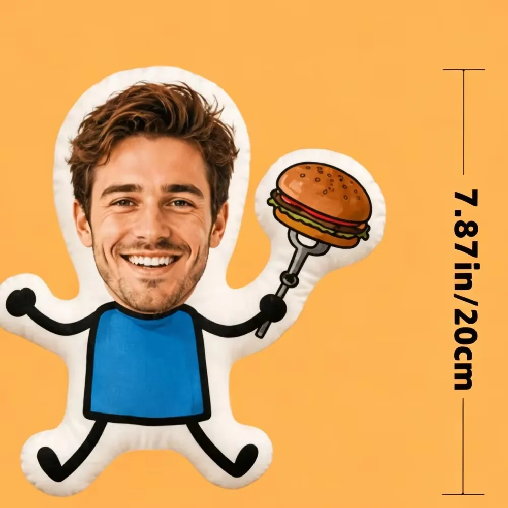 Custom Face‑Shaped Photo Pillow, Cartoon Character Holding Burger, Unique Gift For Multi‑Holiday Family Friends Presents