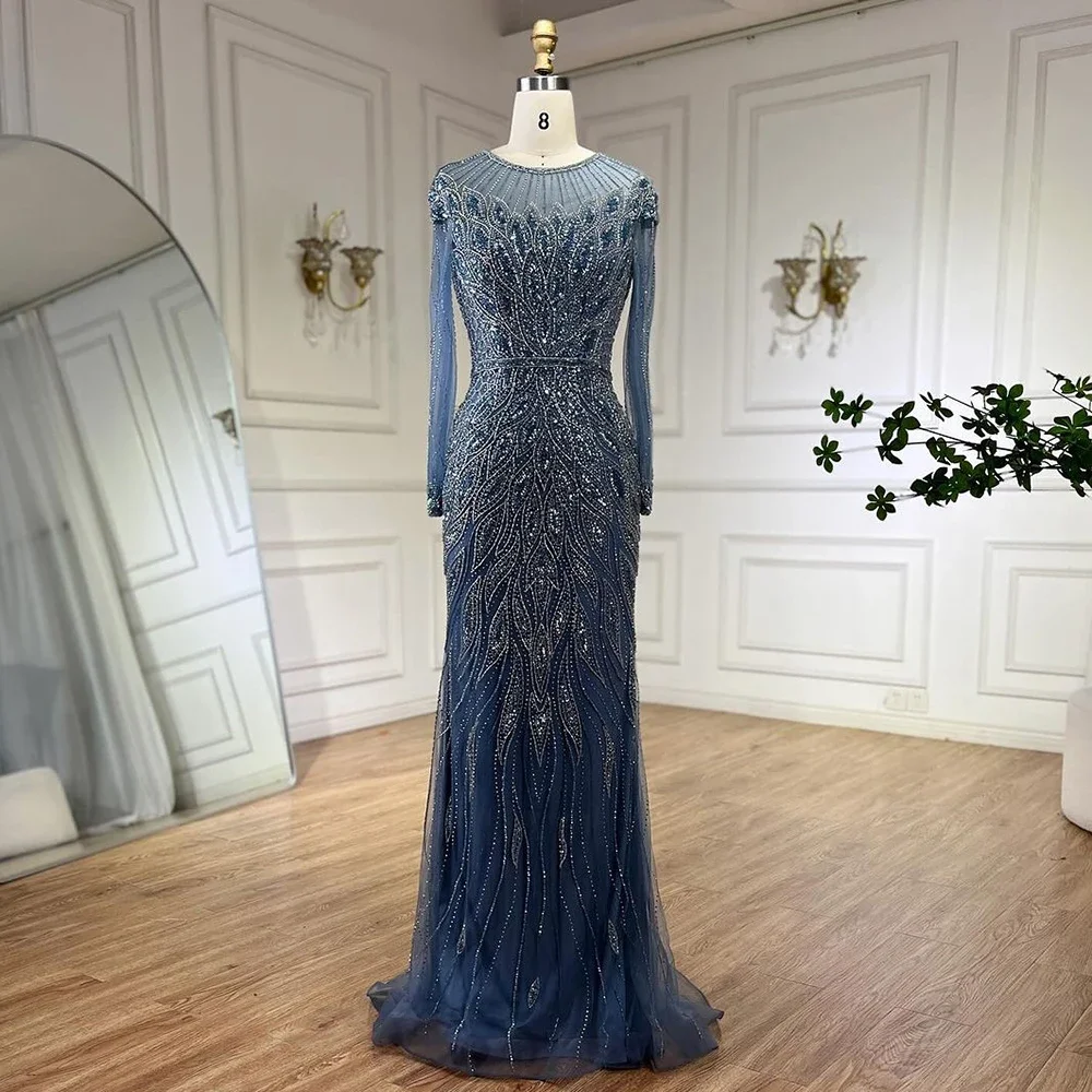 Serene Hill Customized Blue Long Sleeve Muslim Mermaid Beaded Evening Dresses 2024 Dubai Party Gowns for Women Wedding DLA71999L