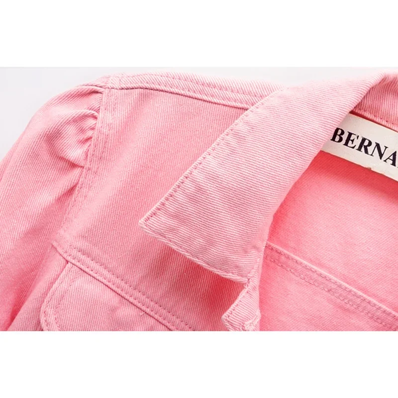 

Fashion Pink Slim Short Denim Jacket Coat Women Student Cowboy Outerwear Big Pocket Three Quarter Sleeve Jeans Jackets Female
