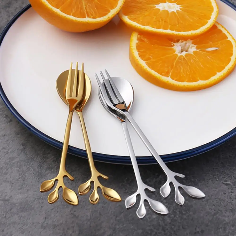 2/4PCS Stainless Steel Fork Versatile Teaspoon Unique Dining Room Unique Gold Leaf Spoon Unique Design Exclusive