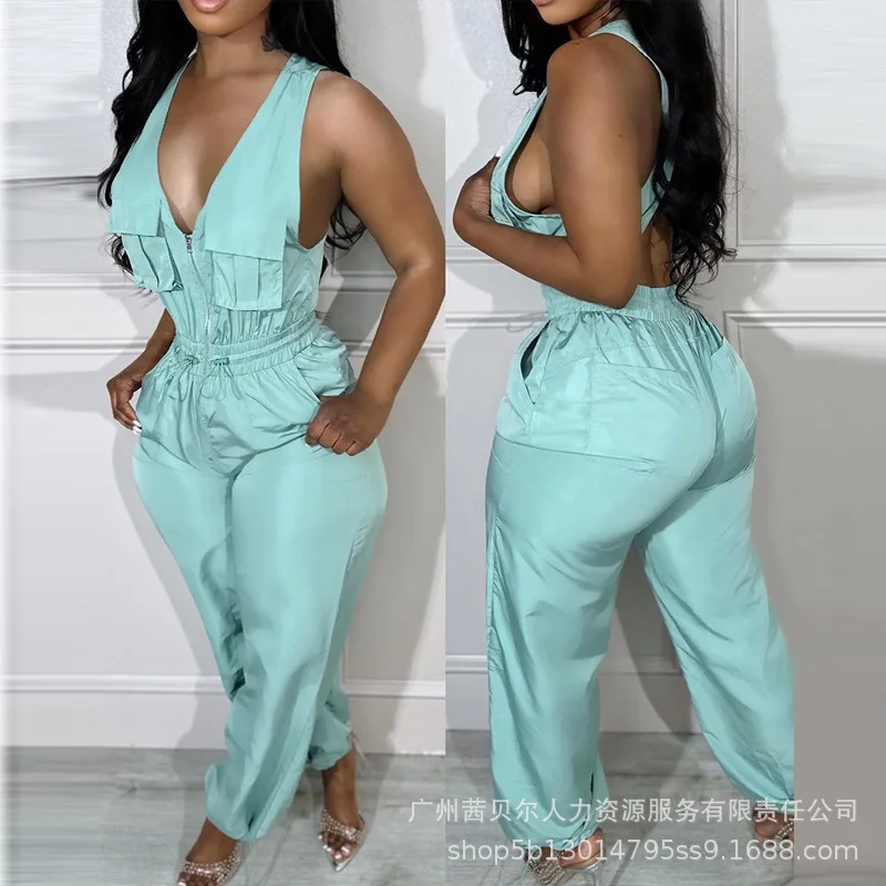 

Wepbel Y2K Drawstring Jumpsuit Women Sleeveless V-neck Pocket Zipper Backless Jumpsuits Rompers Stitching Fitted Waist Jumpsuit