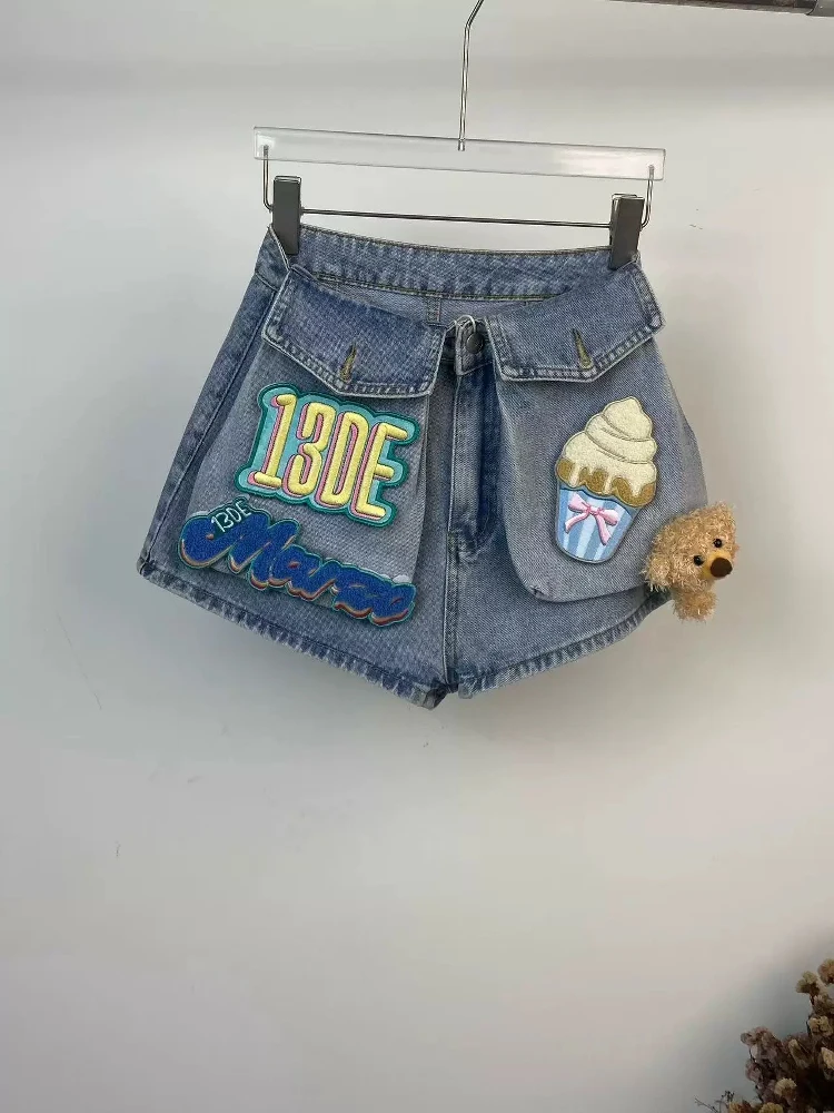 

Женские летние джинсовые шорты свободного кроя с вышивкой в виде медведя, новые, с высокой талией, широкими штанинами, износостойкие