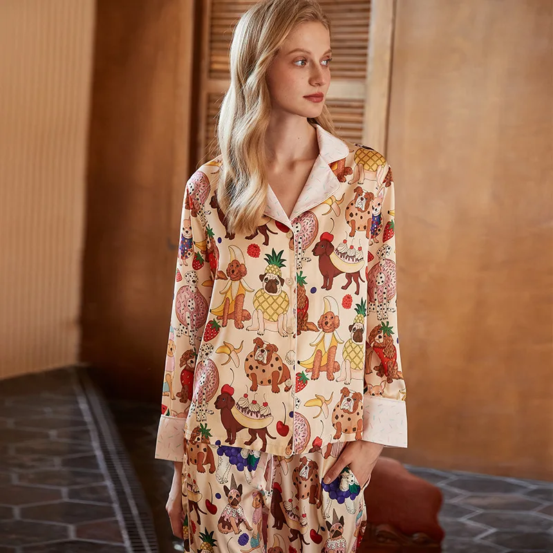 طقم بيجامات نسائي لربيع 2026 مصنوع من الحرير مثل الحلويات الألمانية مطبوع قطعتين بأكمام طويلة وبنطلون كامل الطول ملابس نوم 39926