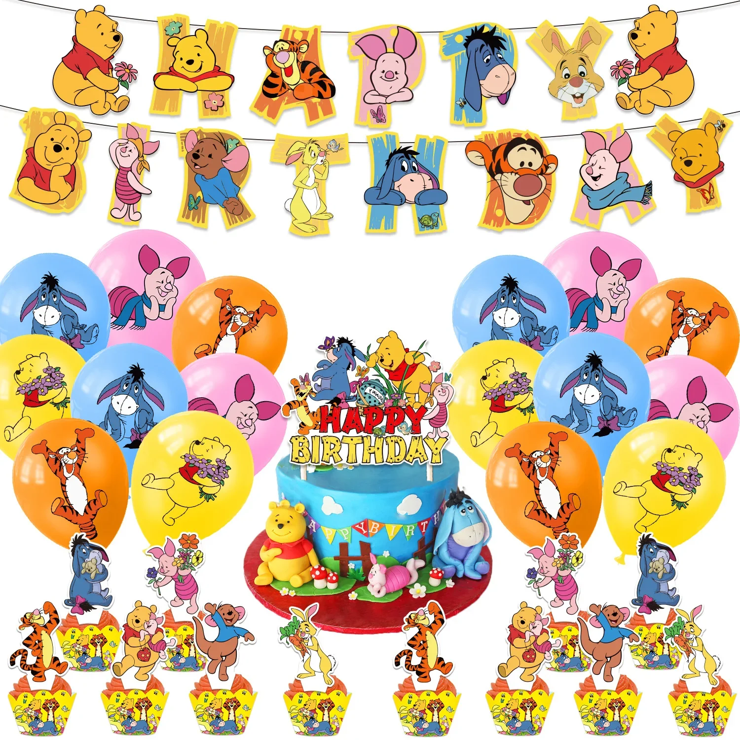 Hot WinniethePooh Birthday Party dinnerware Disposable Banner Cake Topper Hanging Flag WinniethePooh Balloon Birthday Decoration