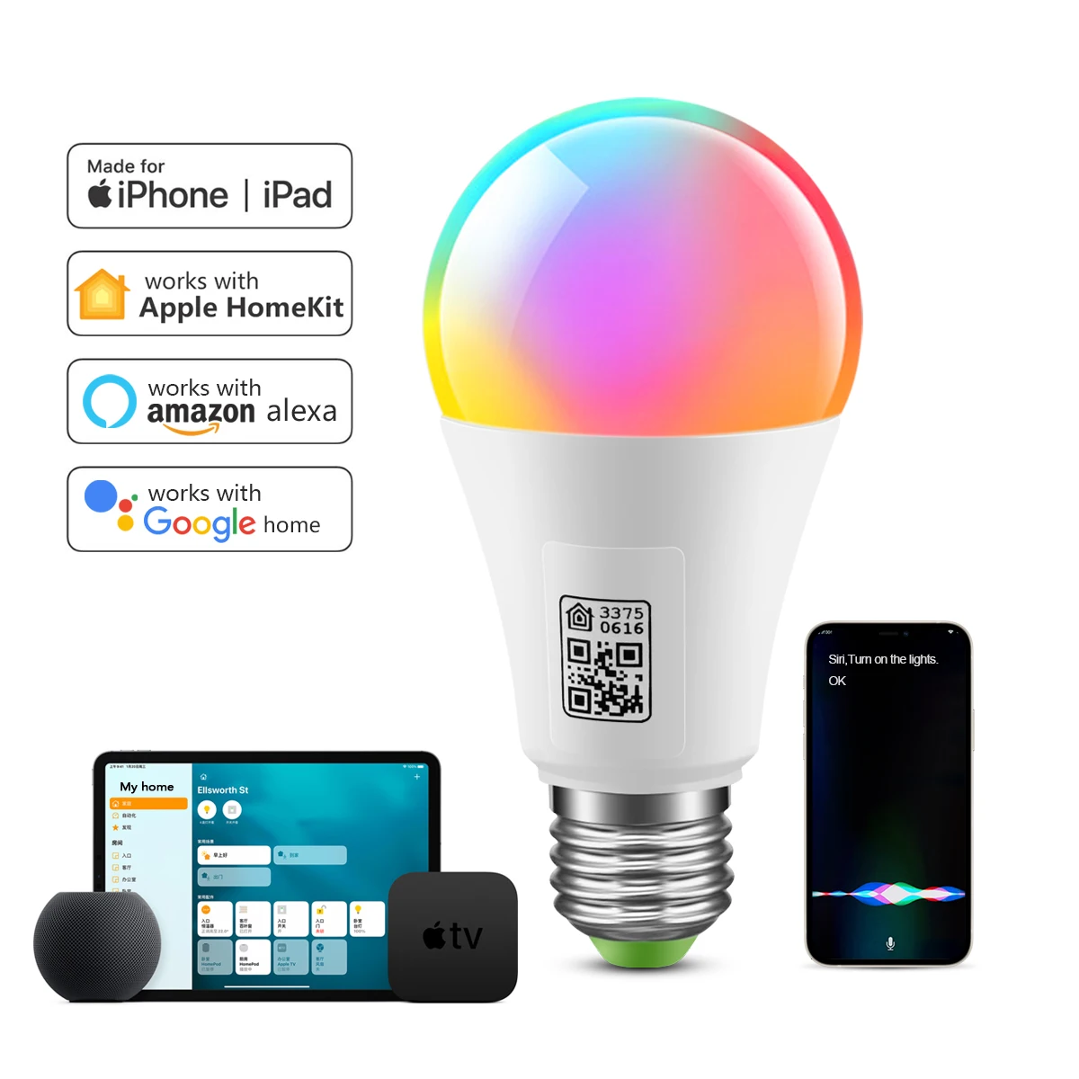 MFI ze skanowaniem homkit QR Connect WiFi inteligentna żarówka LED E27 RGB z możliwością przyciemniania 9W lampka Apple Siri Alexa Google