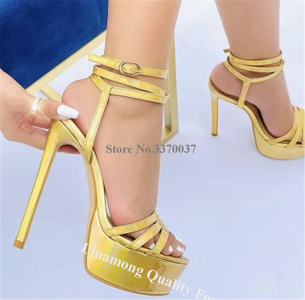 Linamong Shining Pink Gold Silver Thin Heel Sandals Patent Leather Straps Cross High Platform Dress Shoes Party Heels