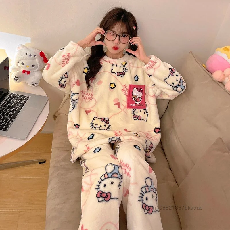 Sanrio Hello Kitty Women\'s Winter New Cartoon Pajamas Coral Fleece Round Neck Home Clothes Sweet Y2k Girl Plush Thick Sleepwear