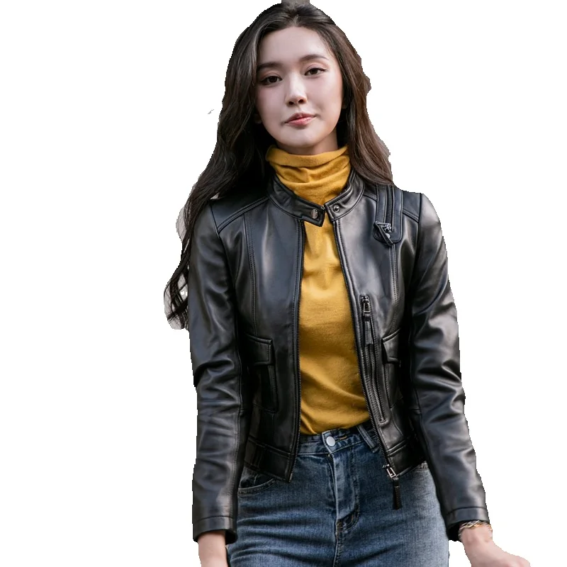 Standing Collar Genuine Leather Jacket For Women's Short And Semi Vegetable Sheepskin Spring Explosive Motorcycle Jacket Jacket