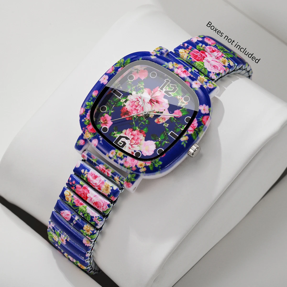Fashion Flowers Printed Square Women's Quartz Watch Blue Elastic Stretch Strap Ladies Wristwatches Relogio Feminino（Without Box）
