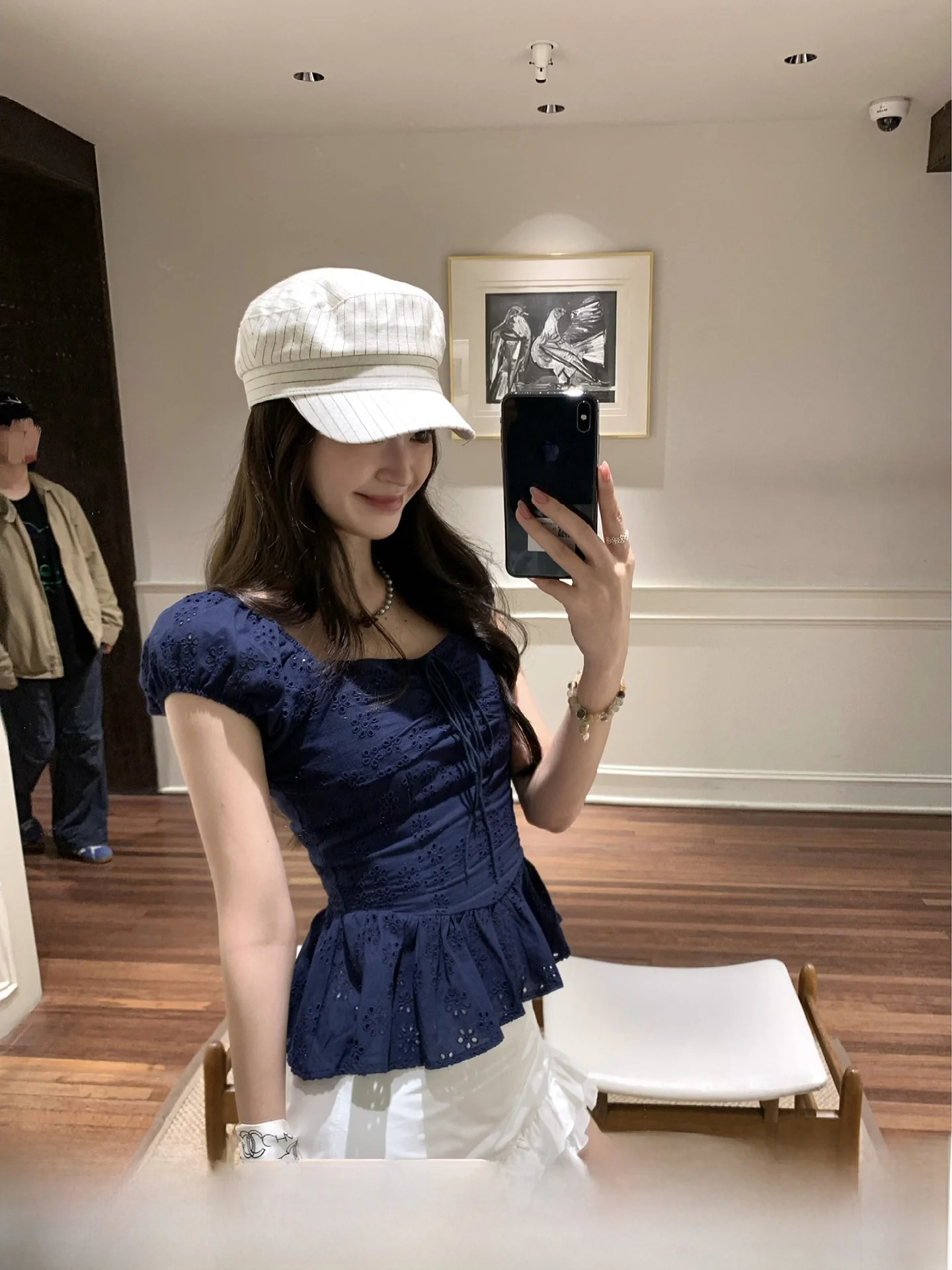 

Anneop Summer New ort Sve Hollow out Embroidery Design Blue T-irt Women's Loose Fit Cotton Korean Sle Top