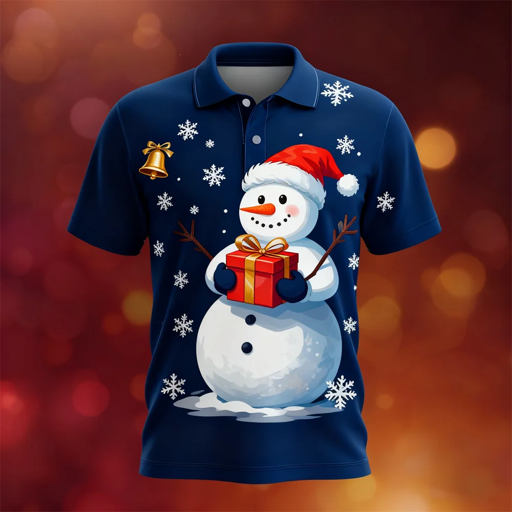 هدية عيد الميلاد نمط قميص بولو قصير الأكمام 3D طباعة مضحك سانتا كلوز الرسم زر التلبيب أعلى تنفس سريعة الجافة الملابس