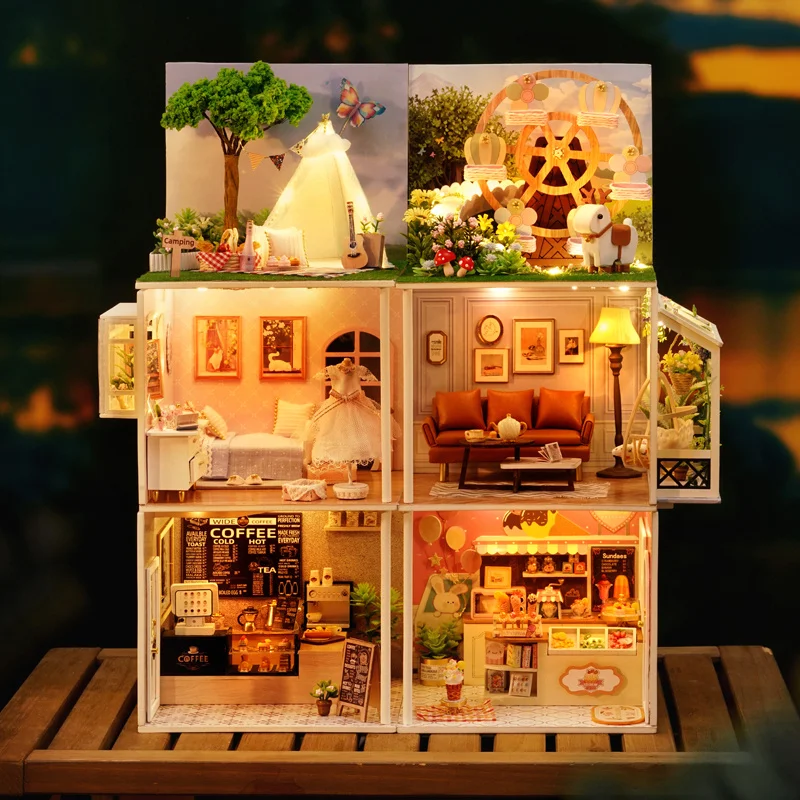 DIY Wooden Miniature Kits Doll House With Furniture Ice Cream Coffee Shop Casa Dollhouse Toys for Adults Girls Birthday Gifts