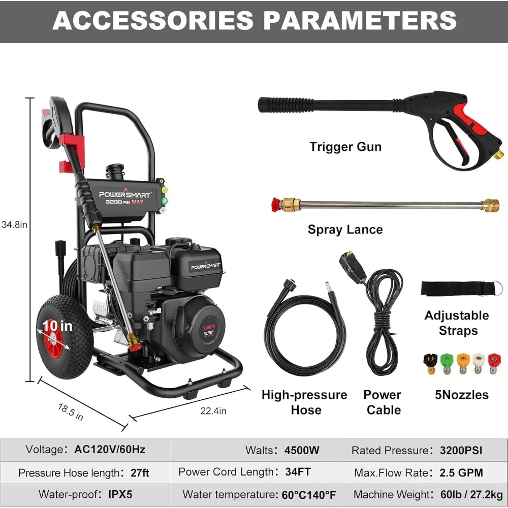 Gas Pressure Washer PowerSmart 3200 PSI, 2.5 GPM, 4500W for Cleaning Cars, Fences, Driveways, Homes, Patios (DB1051)