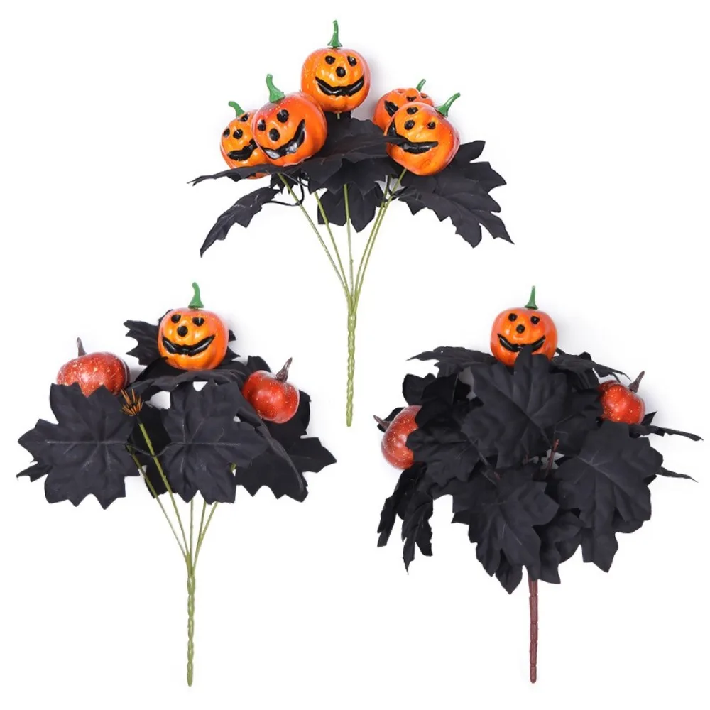 Halloween Simulation Pumpkin Bouquet Black Leaf Table Vase Decoration Fake Maple Leaf Pumpkin Bouquet Silk Home Decoration