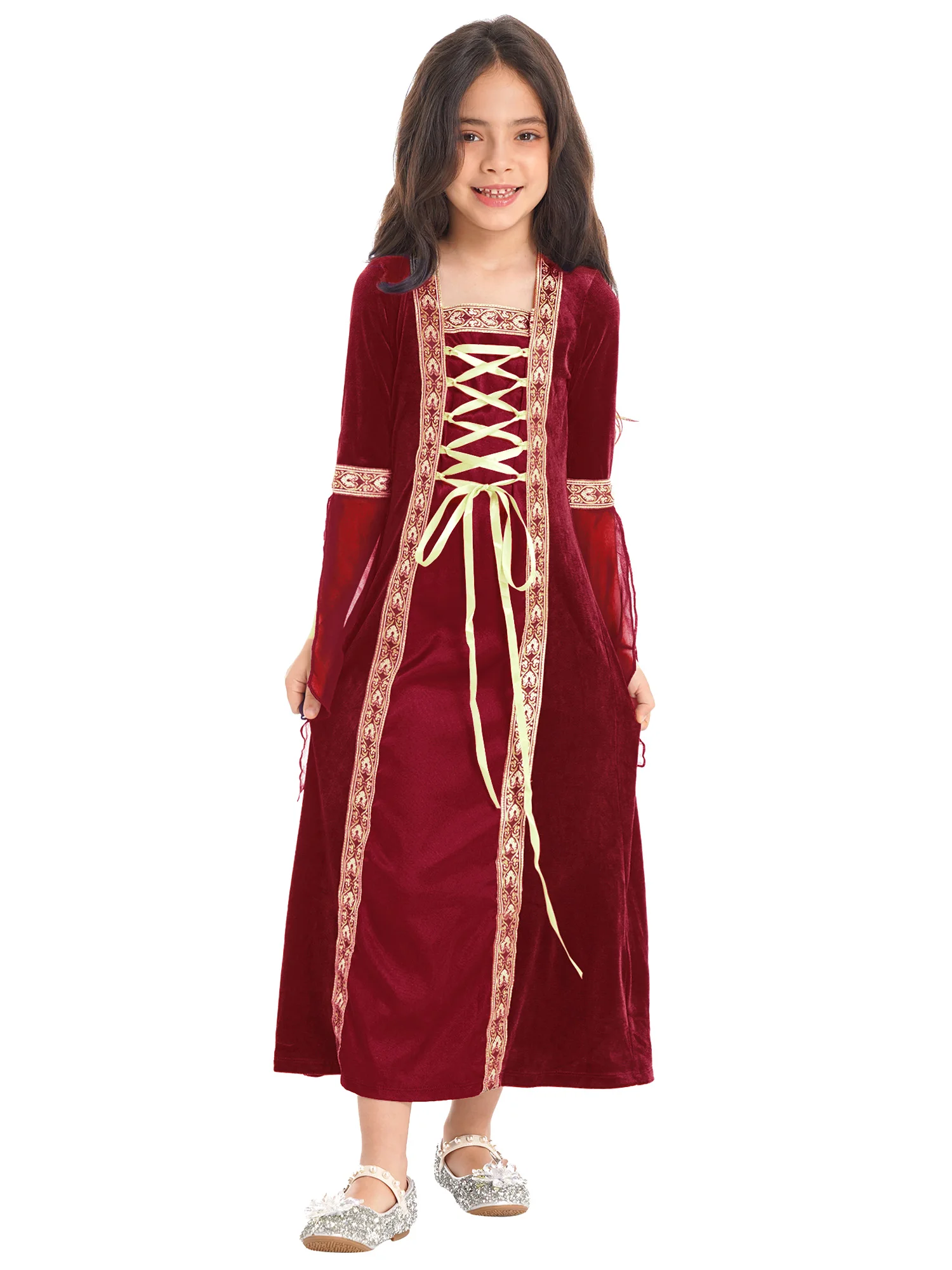 Kids Meisjes Renaissance Vintage Jurk Baljurk Gothic Middeleeuwse Kostuums Lange Mouwen Maxi Jurken Halloween Rollenspel Outfit